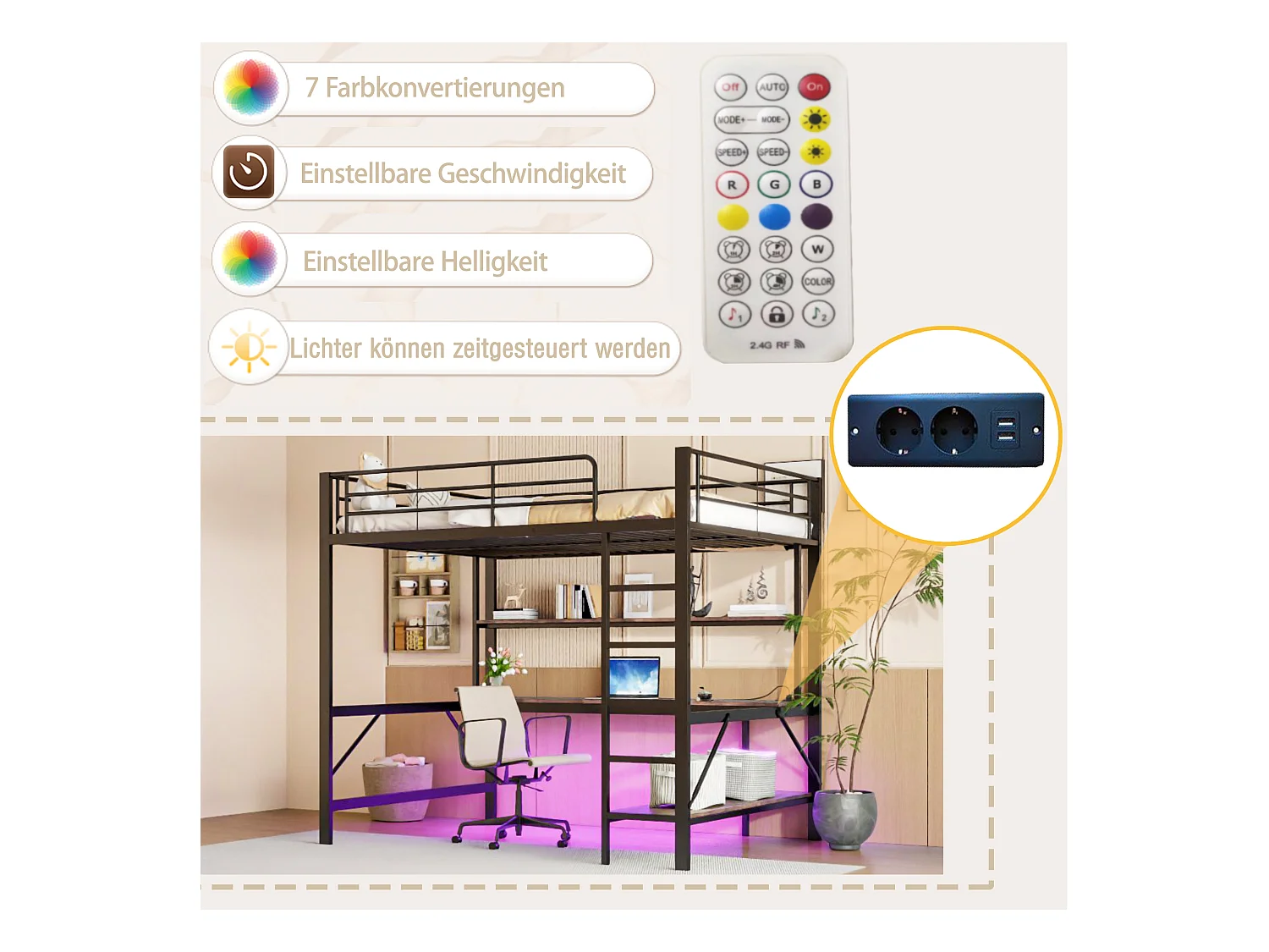 Lit mezzanine garde-corps et escabeau - 140 x 200 cm - avec USB et secteur - LED et bureau - sans matelas - métal - noir