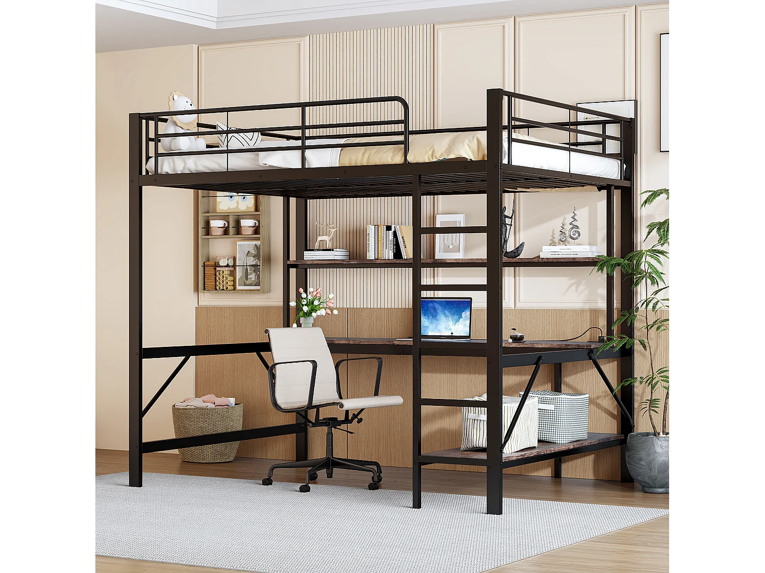 Bergbett mit Schutzgitter und Leiter – 140 x 200 cm – mit USB- und Netzanschluss – LEDs und Schreibtisch – ohne Matratze – Metall – Schwarz