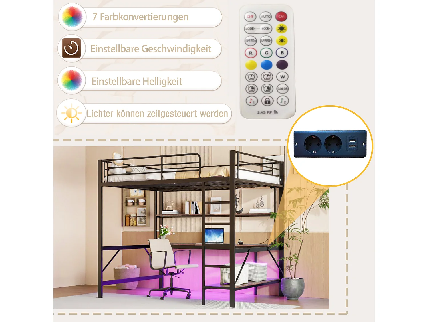 Bergbett mit Schutzgitter und Leiter – 140 x 200 cm – mit USB- und Netzanschluss – LEDs und Schreibtisch – ohne Matratze – Metall – Schwarz
