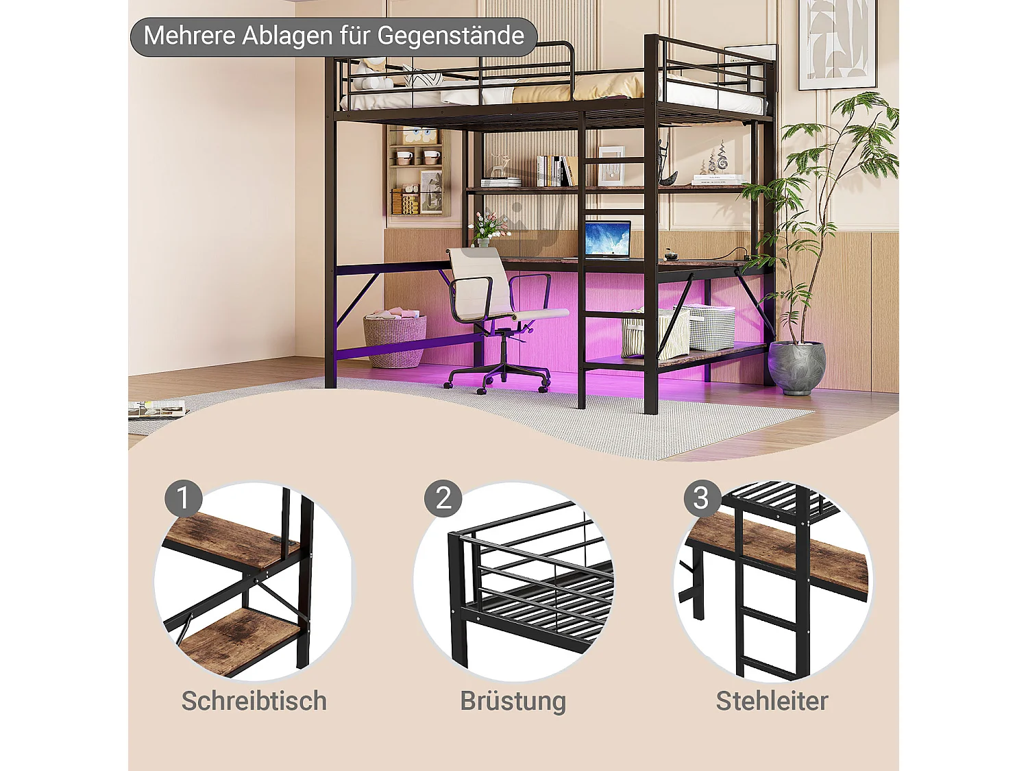 Bergbett mit Schutzgitter und Leiter – 140 x 200 cm – mit USB- und Netzanschluss – LEDs und Schreibtisch – ohne Matratze – Metall – Schwarz