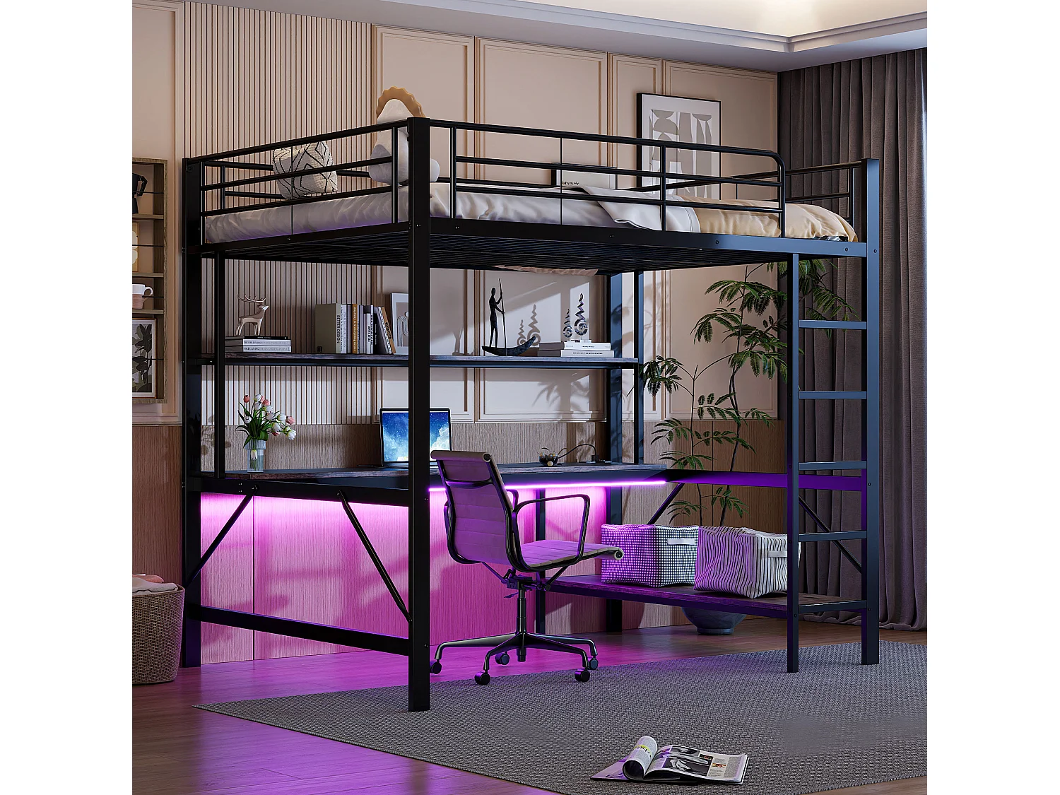 Lit mezzanine garde-corps et escabeau - 140 x 200 cm - avec USB et secteur - LED et bureau - sans matelas - métal - noir