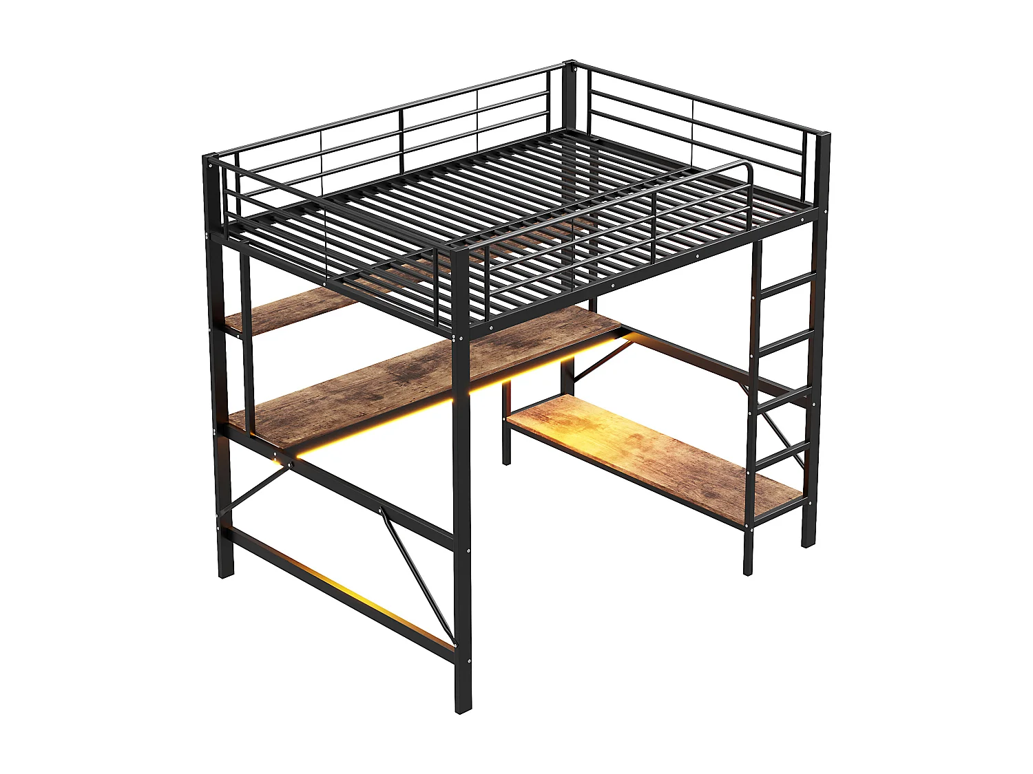 Lit mezzanine garde-corps et escabeau - 140 x 200 cm - avec USB et secteur - LED et bureau - sans matelas - métal - noir
