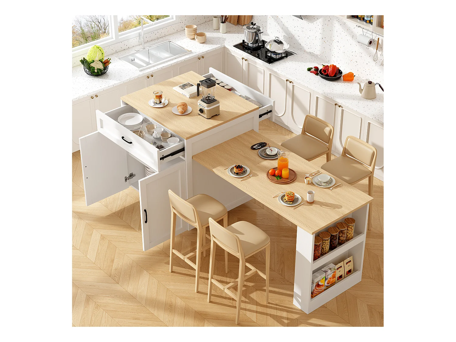 Moderne Kücheninsel (133-202 × 70 × 93,5 cm), 2 Schubladen und 2 Fächer für 2-6 Personen, MDF, Weiß