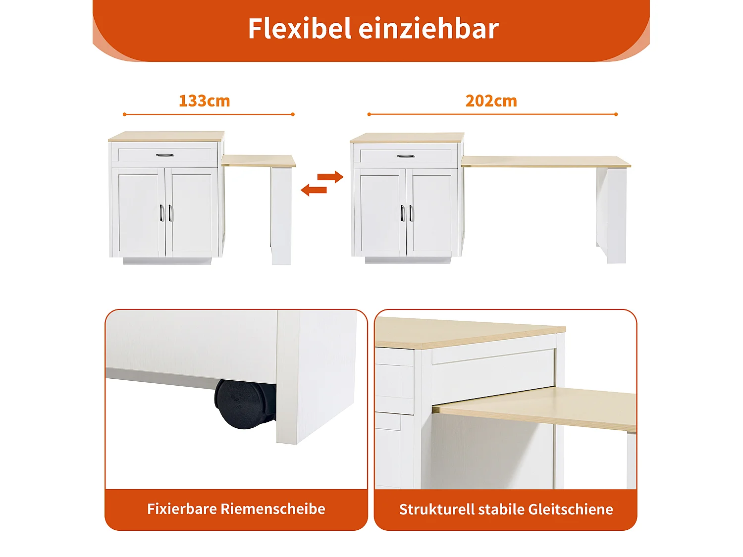 Îlot de cuisine moderne - 133-202  x 70  x 93,5 cm - 2 tiroirs et 2 compartiments pour 2-6 personnes, MDF, Blanc
