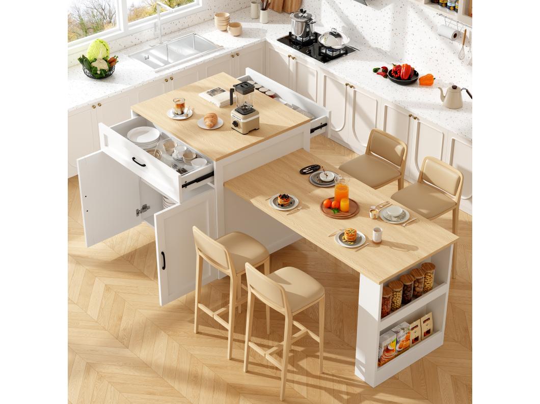 Isla de cocina moderna (133-202 × 70 × 93,5 cm), 2 cajones y 2 compartimentos para 2-6 personas, MDF, Blanco