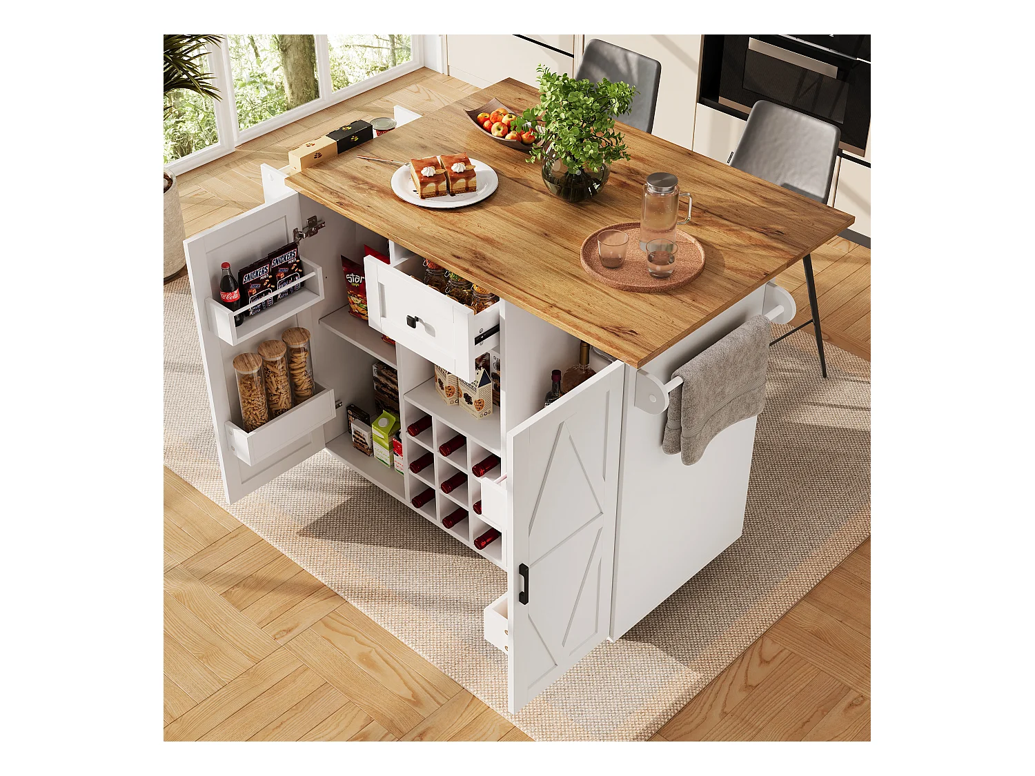 Îlot de cuisine moderne, meuble buffet avec grain de bois, 137.5×39.5×95.6 cm, MDF, Blanc