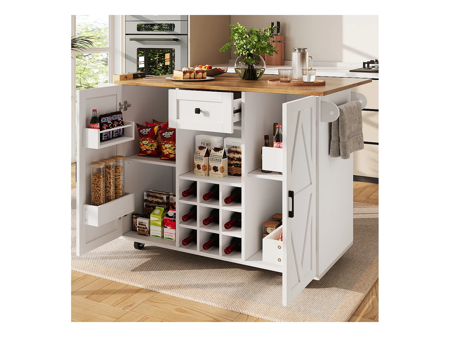 Îlot de cuisine moderne, meuble buffet avec grain de bois, 137.5×39.5×95.6 cm, MDF, Blanc