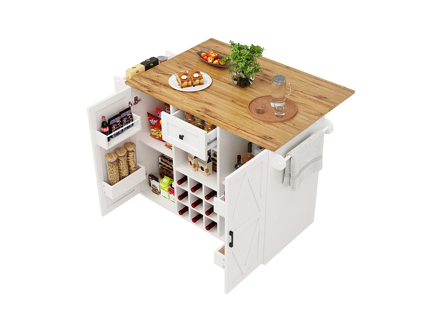 Îlot de cuisine moderne, meuble buffet avec grain de bois, 137.5×39.5×95.6 cm, MDF, Blanc