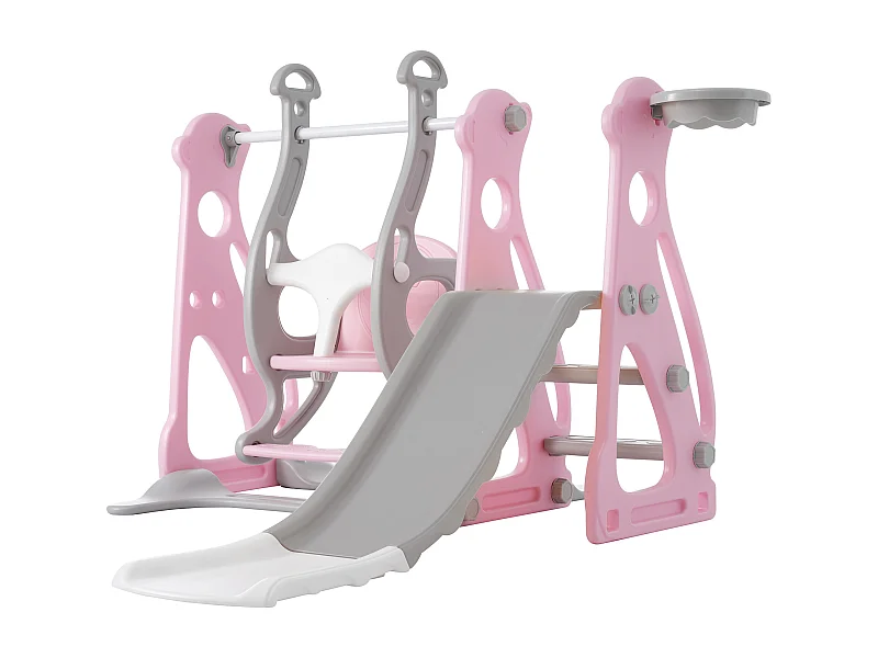 Tobogán infantil 4 en 1 - 113 x 100 x 94 cm -  HDPE - Con escaleras y estructura de baloncesto - Rosa