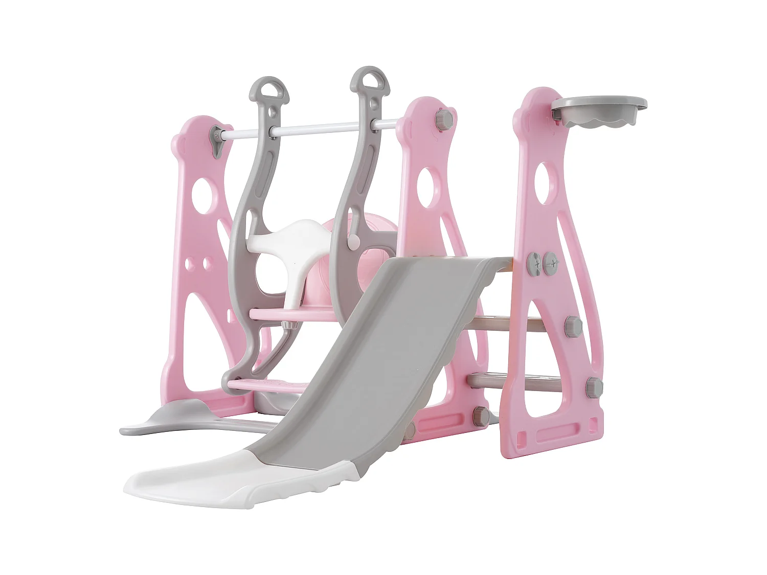 Tobogán infantil 4 en 1 - 113 x 100 x 94 cm -  HDPE - Con escaleras y estructura de baloncesto - Rosa