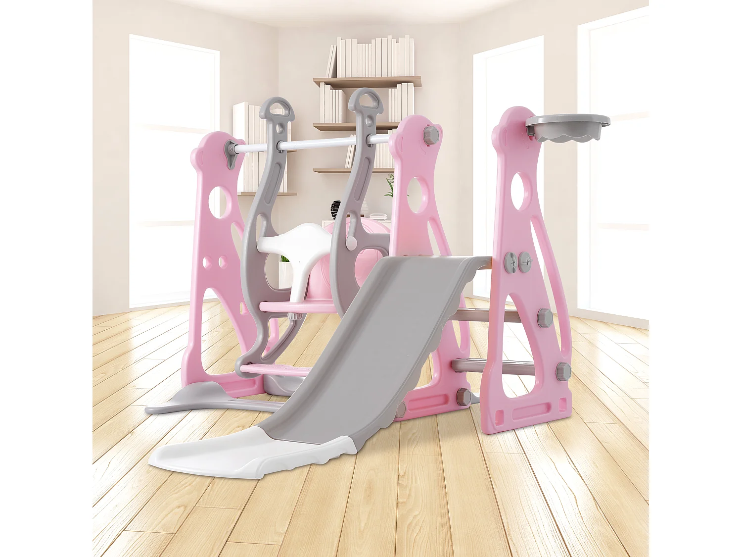 Tobogán infantil 4 en 1 - 113 x 100 x 94 cm -  HDPE - Con escaleras y estructura de baloncesto - Rosa