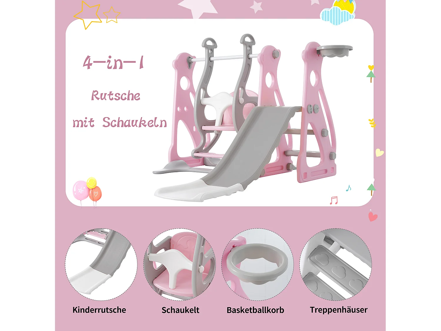 Tobogán infantil 4 en 1 - 113 x 100 x 94 cm -  HDPE - Con escaleras y estructura de baloncesto - Rosa