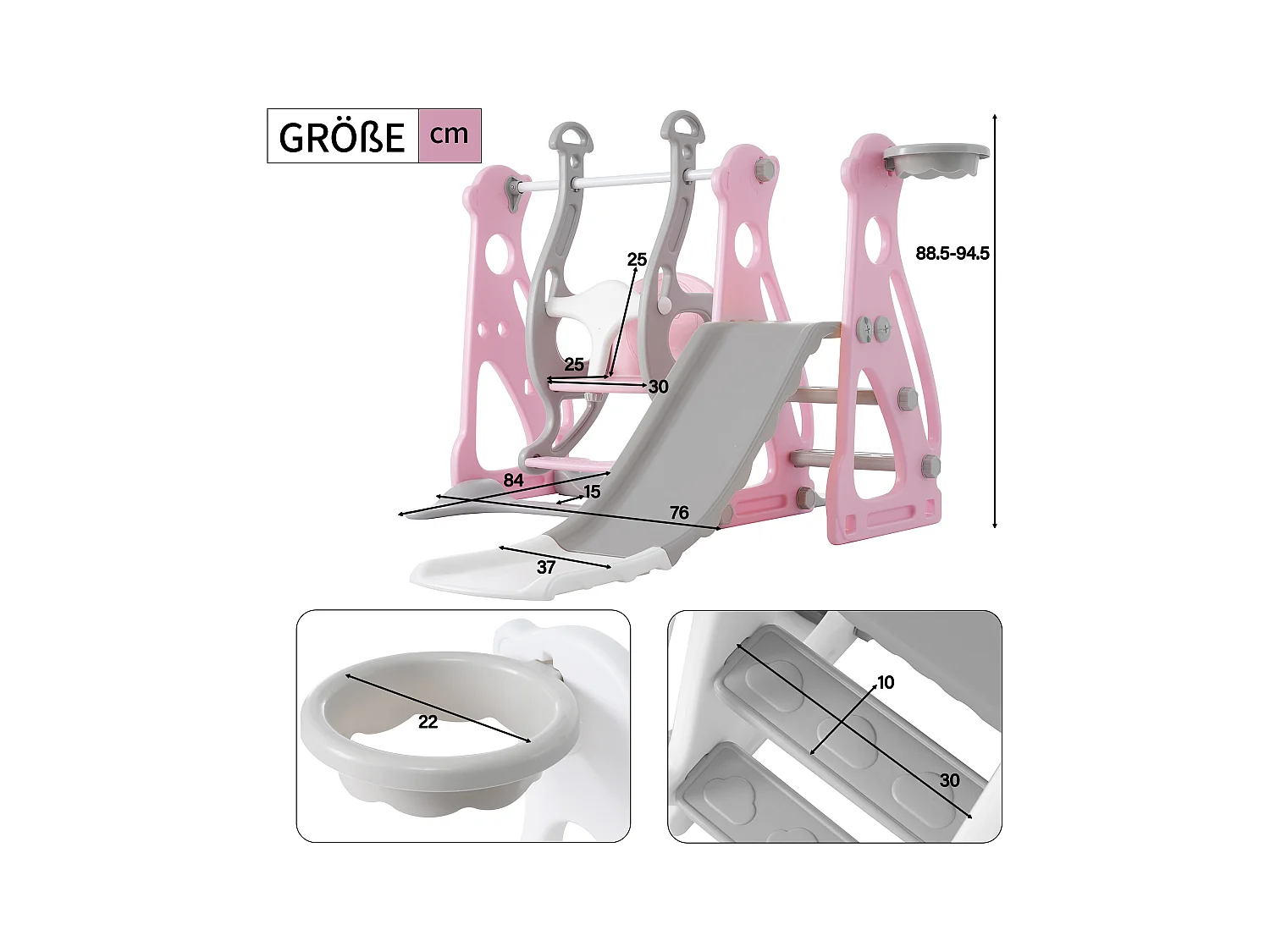 Tobogán infantil 4 en 1 - 113 x 100 x 94 cm -  HDPE - Con escaleras y estructura de baloncesto - Rosa