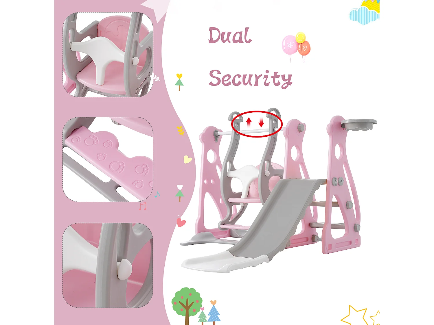 Tobogán infantil 4 en 1 - 113 x 100 x 94 cm -  HDPE - Con escaleras y estructura de baloncesto - Rosa