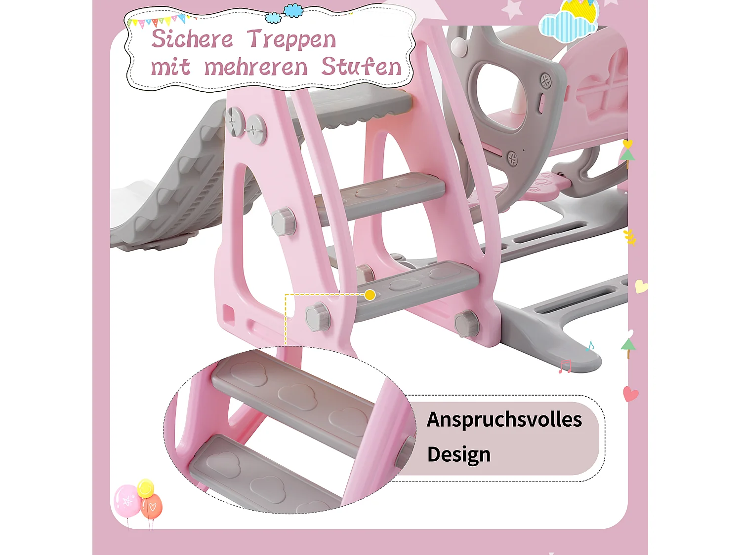 Tobogán infantil 4 en 1 - 113 x 100 x 94 cm -  HDPE - Con escaleras y estructura de baloncesto - Rosa