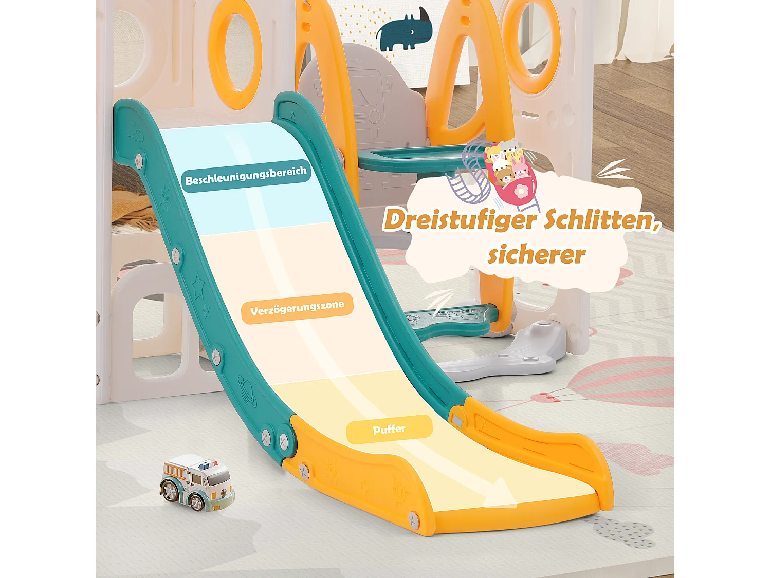 Zjeżdżalnia 7 w 1 dla dzieci - 215 x 150 x 106 cm - HDPE - z huśtawką i koszem do koszykówki - Zielony