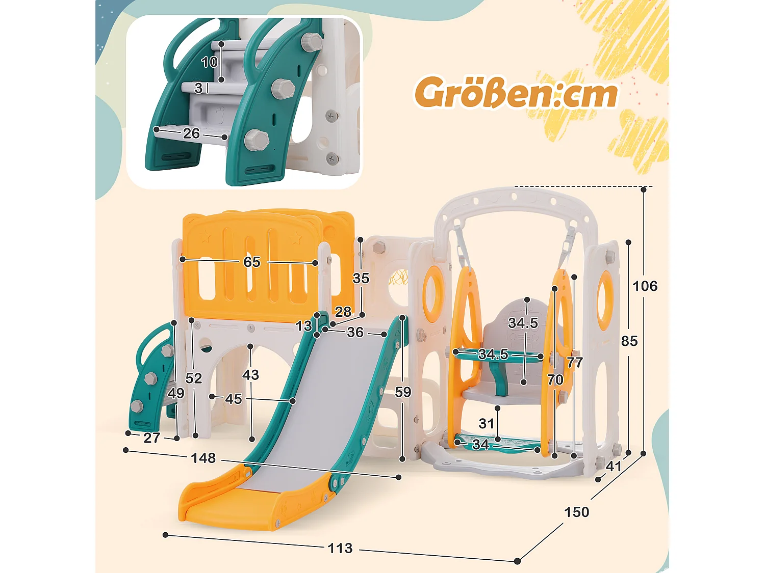 Zjeżdżalnia 7 w 1 dla dzieci - 215 x 150 x 106 cm - HDPE - z huśtawką i koszem do koszykówki - Zielony