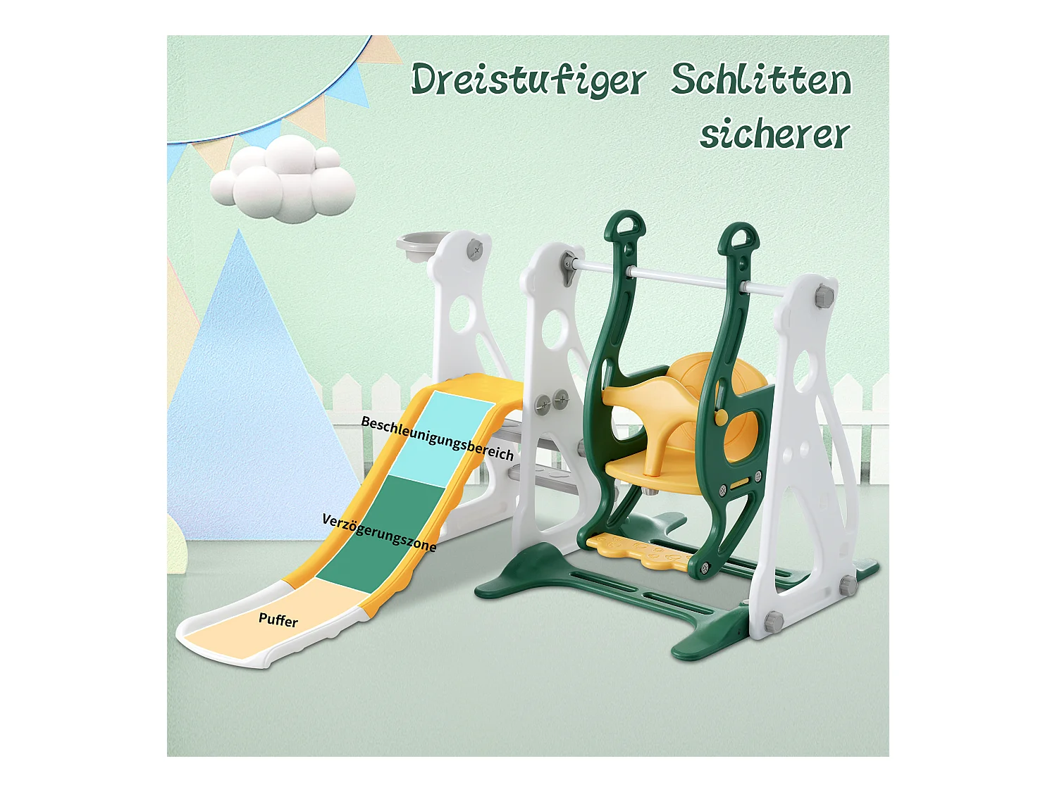 Toboggan balançoire 4 en 1 pour enfants - 113 x 100 x 94cm - en HDPE - avec escaliers et cadre de basket - vert