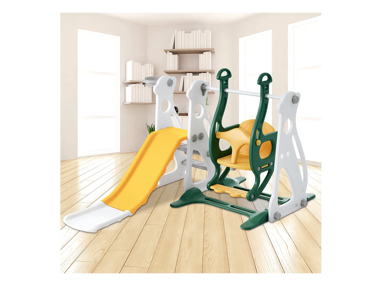 Altalena e scivolo per bambini 4 in 1 - 113 x 100 x 94 cm - e HDPE - con scale e telaio per basket - Verde