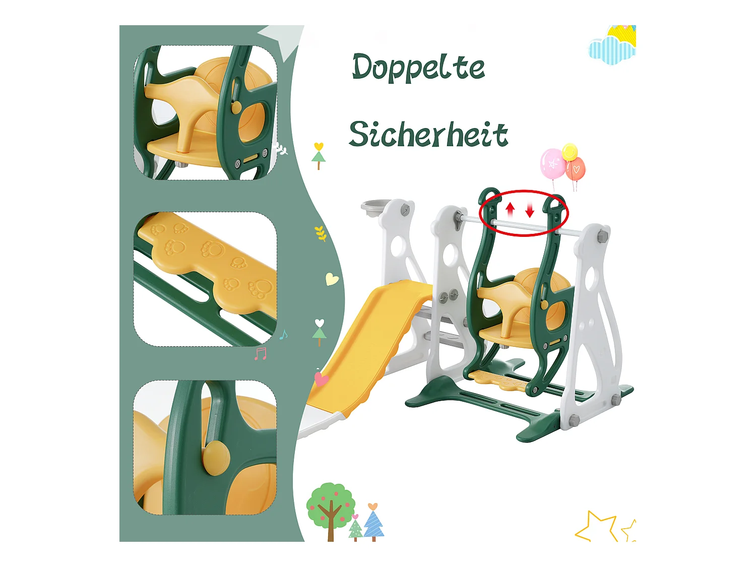 Altalena e scivolo per bambini 4 in 1 - 113 x 100 x 94 cm - e HDPE - con scale e telaio per basket - Verde
