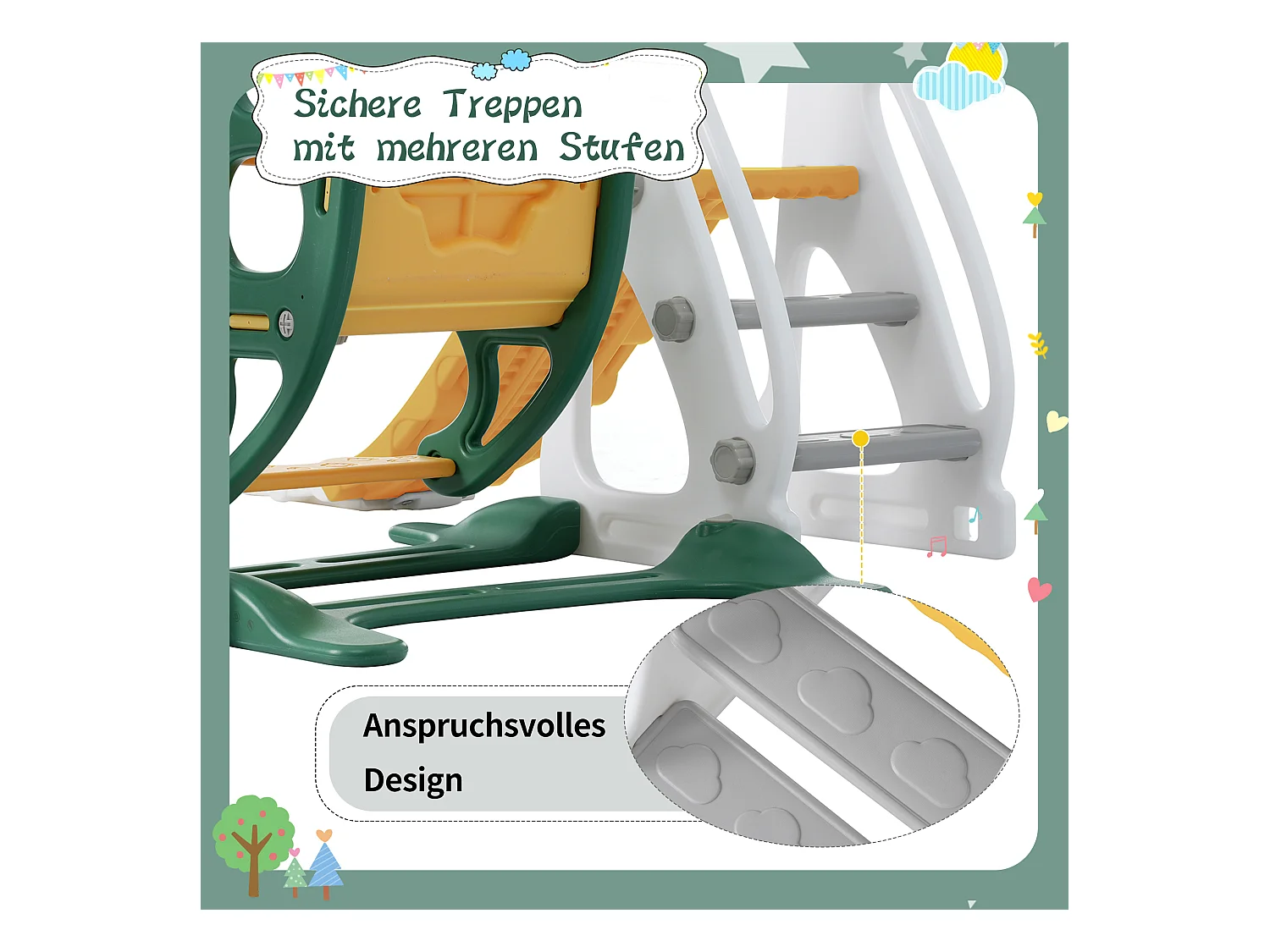 Altalena e scivolo per bambini 4 in 1 - 113 x 100 x 94 cm - e HDPE - con scale e telaio per basket - Verde