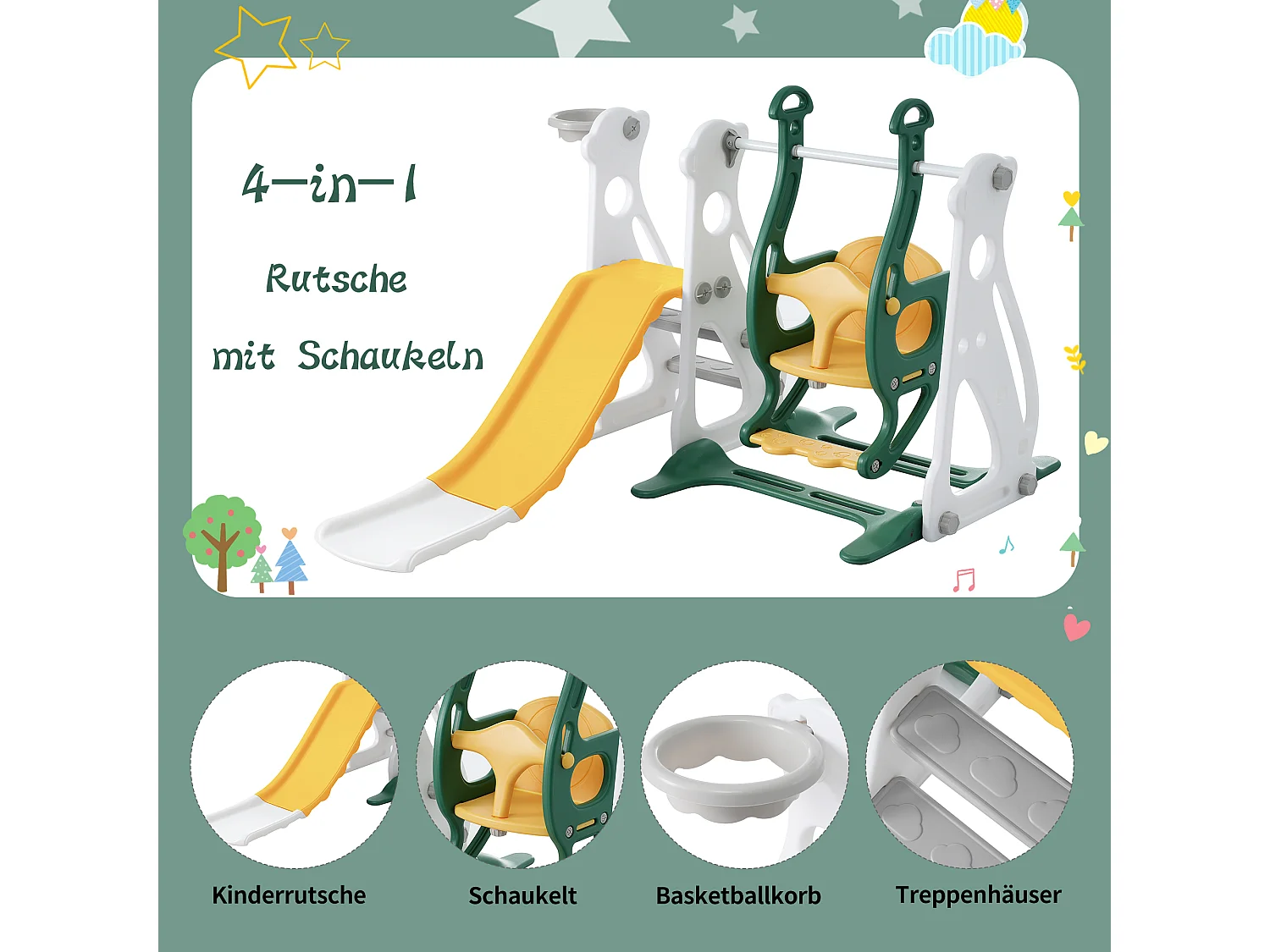 Toboggan balançoire 4 en 1 pour enfants - 113 x 100 x 94cm - en HDPE - avec escaliers et cadre de basket - vert