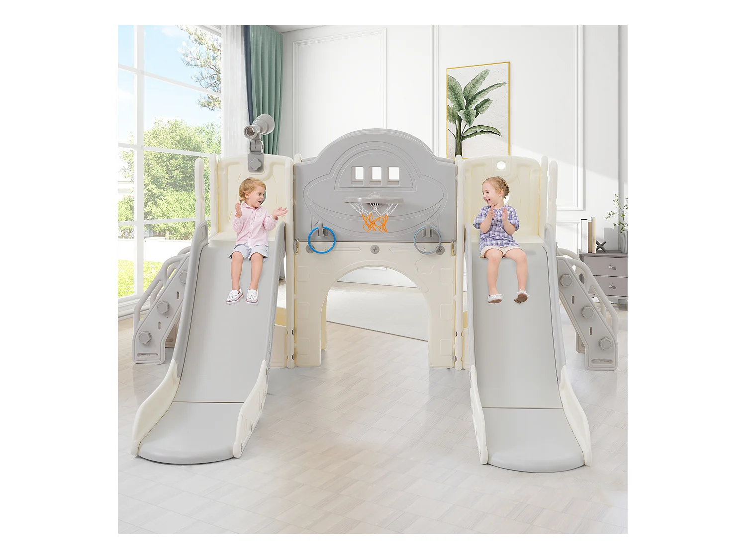 8-in-1 dubbele glijbaan voor kinderen - 200 x 165 x 95 cm - HDPE - met opbergruimte en basketbalring - Grijs