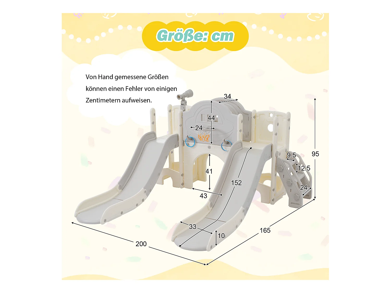 8-in-1 dubbele glijbaan voor kinderen - 200 x 165 x 95 cm - HDPE - met opbergruimte en basketbalring - Grijs