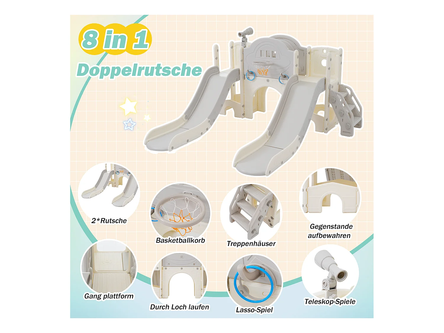 8-in-1 dubbele glijbaan voor kinderen - 200 x 165 x 95 cm - HDPE - met opbergruimte en basketbalring - Grijs