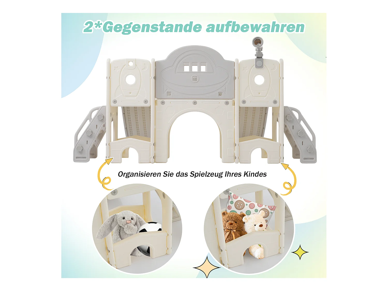 8-in-1 dubbele glijbaan voor kinderen - 200 x 165 x 95 cm - HDPE - met opbergruimte en basketbalring - Grijs