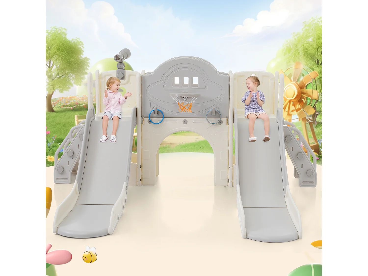 Toboggans double 8 en 1 pour enfants - 200 x 165 x 95cm - en HDPE - avec espace de rangement et panier de basket - gris