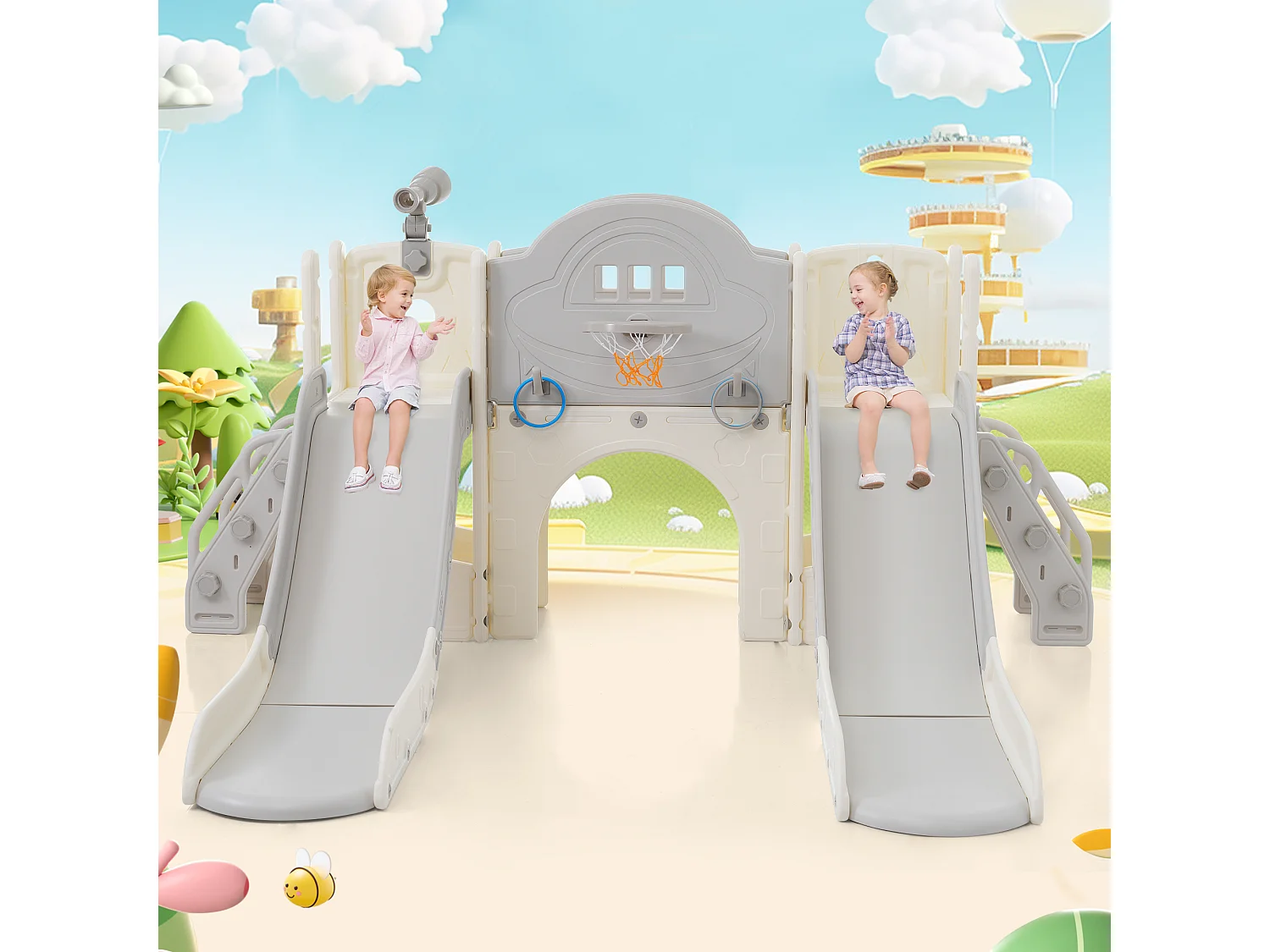 Toboggans double 8 en 1 pour enfants - 200 x 165 x 95cm - en HDPE - avec espace de rangement et panier de basket - gris