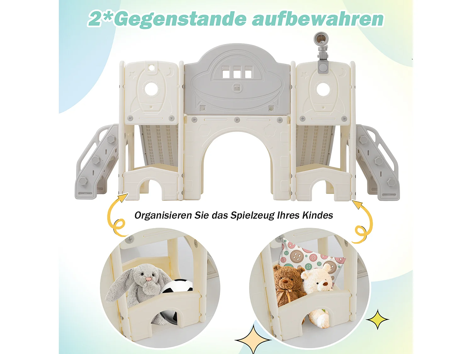 Toboggans double 8 en 1 pour enfants - 200 x 165 x 95cm - en HDPE - avec espace de rangement et panier de basket - gris