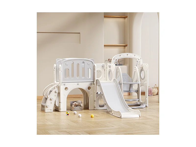 7-in-1 glijbaan voor kinderen - 215 x 150 x 106 cm - HDPE - met schommel en basketbalring - Wit