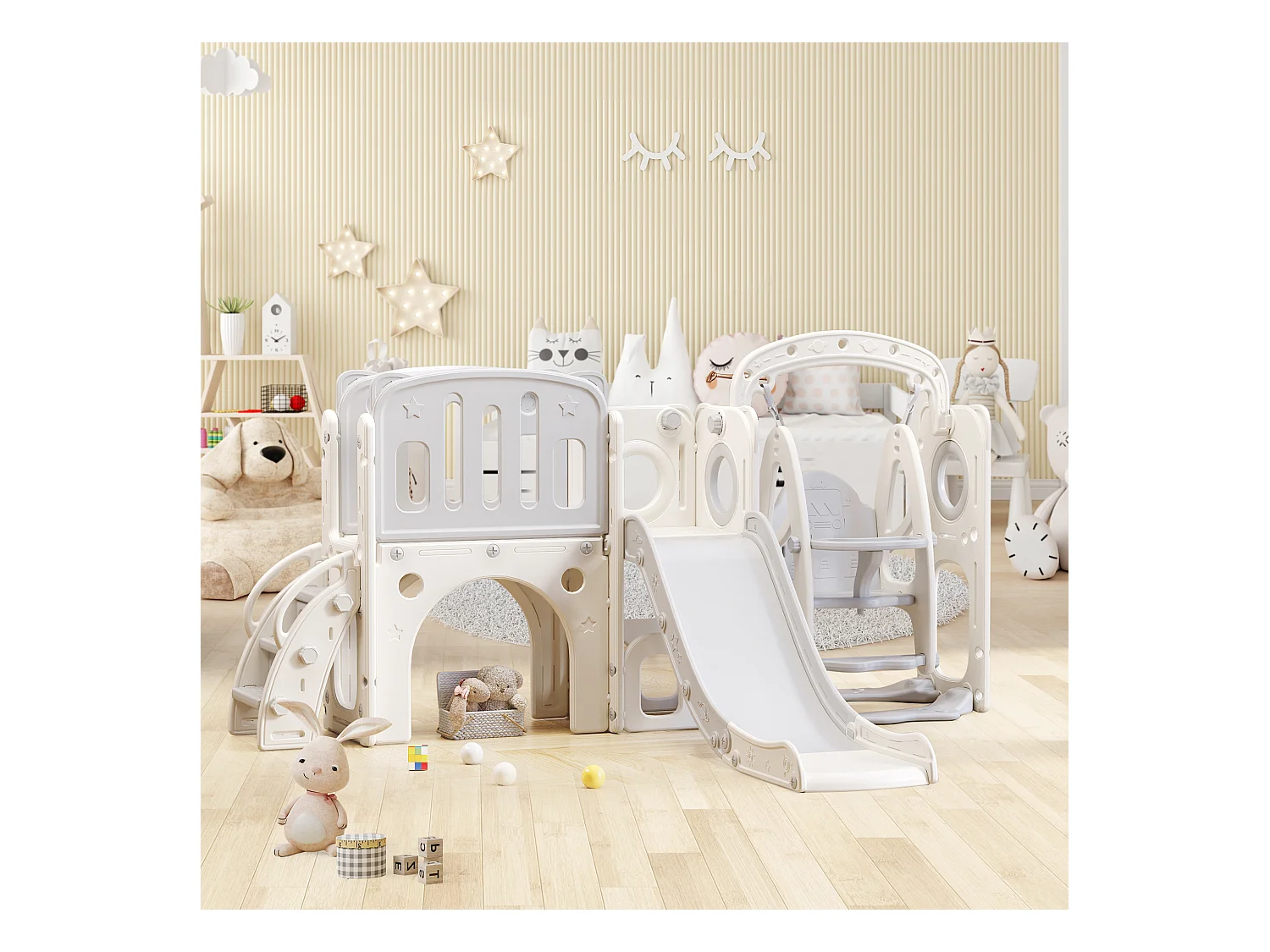 7-in-1 glijbaan voor kinderen - 215 x 150 x 106 cm - HDPE - met schommel en basketbalring - Wit