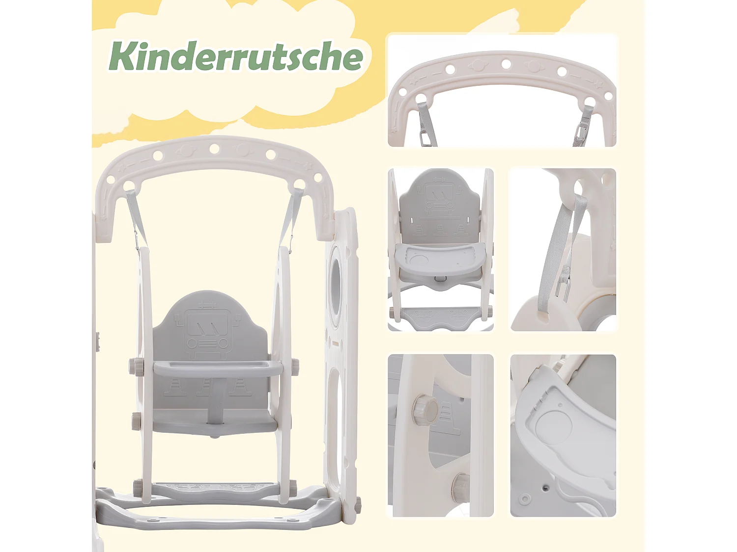 Toboggan 7 en 1 pour enfants - 215 x 150 x 106cm - en HDPE - avec balançoire et panier de basket - Blanc