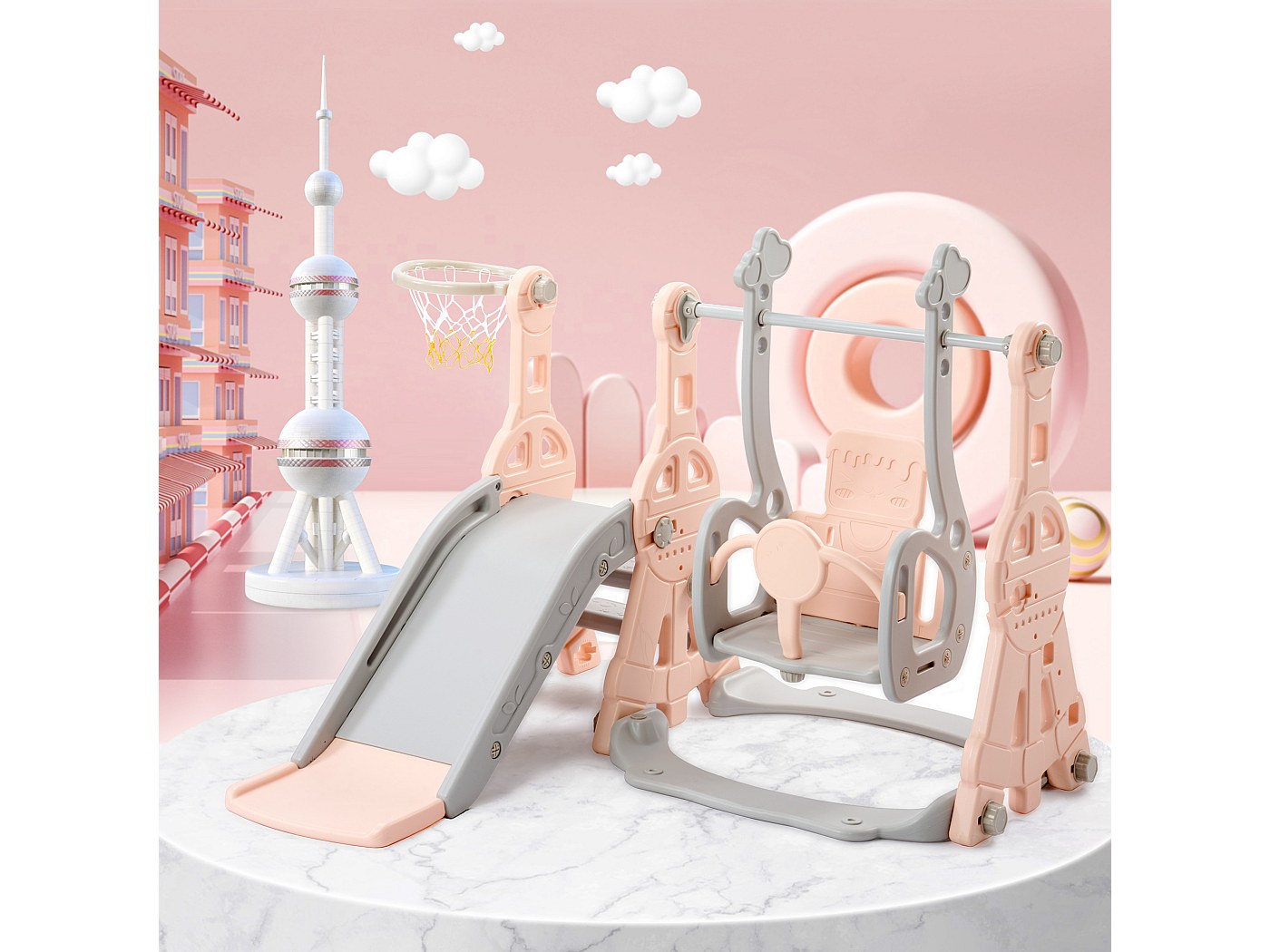 Structure 4-en-1 Avec Toboggan, Balançoire, Panier De Basket – Enfant 1-6 Ans, Intérieur/extérieur, 45 Kg Max