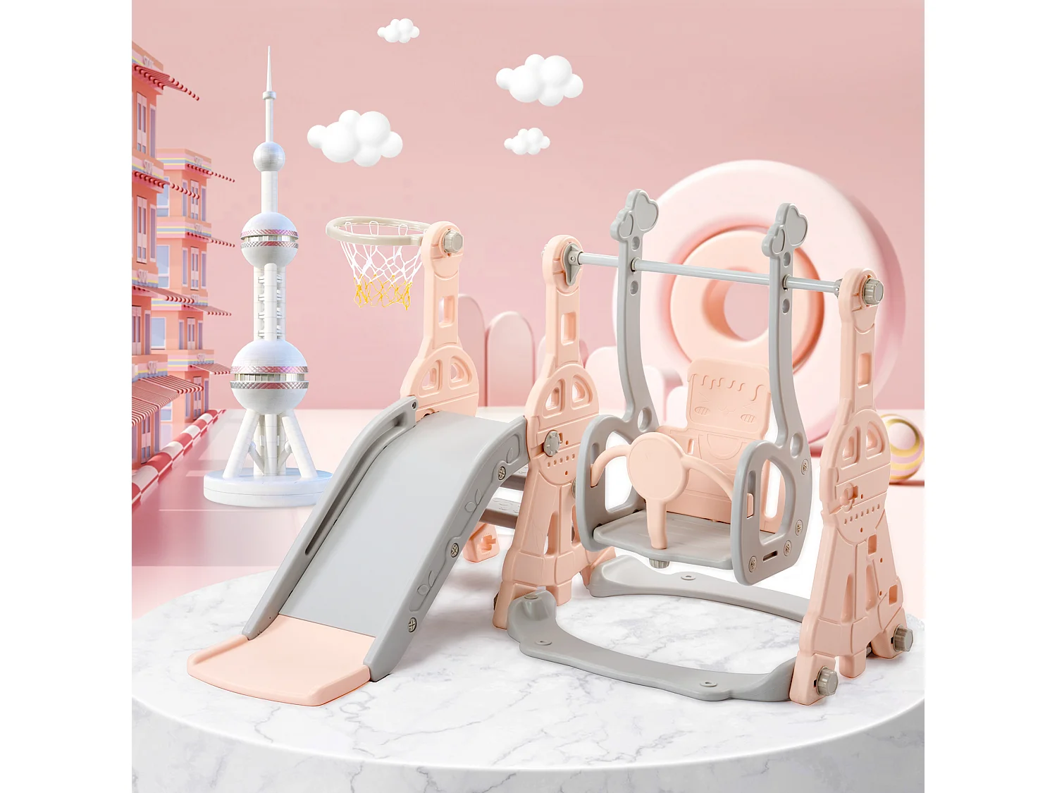 4-in-1 kinderglijbaan - 140 x 118 x 102 cm - HDPE - met schommel en basketbalstandaard - Roze