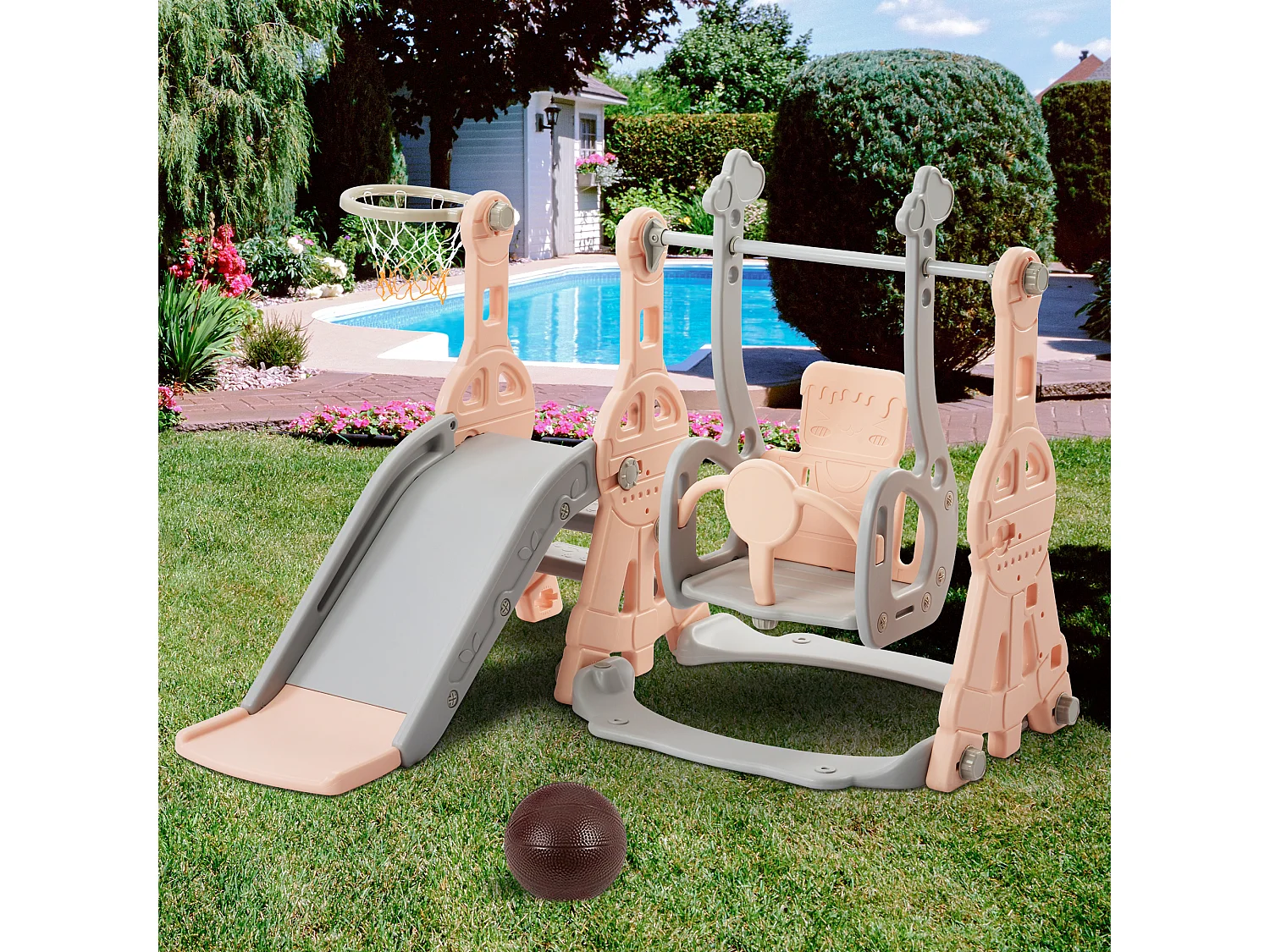 4-in-1 kinderglijbaan - 140 x 118 x 102 cm - HDPE - met schommel en basketbalstandaard - Roze