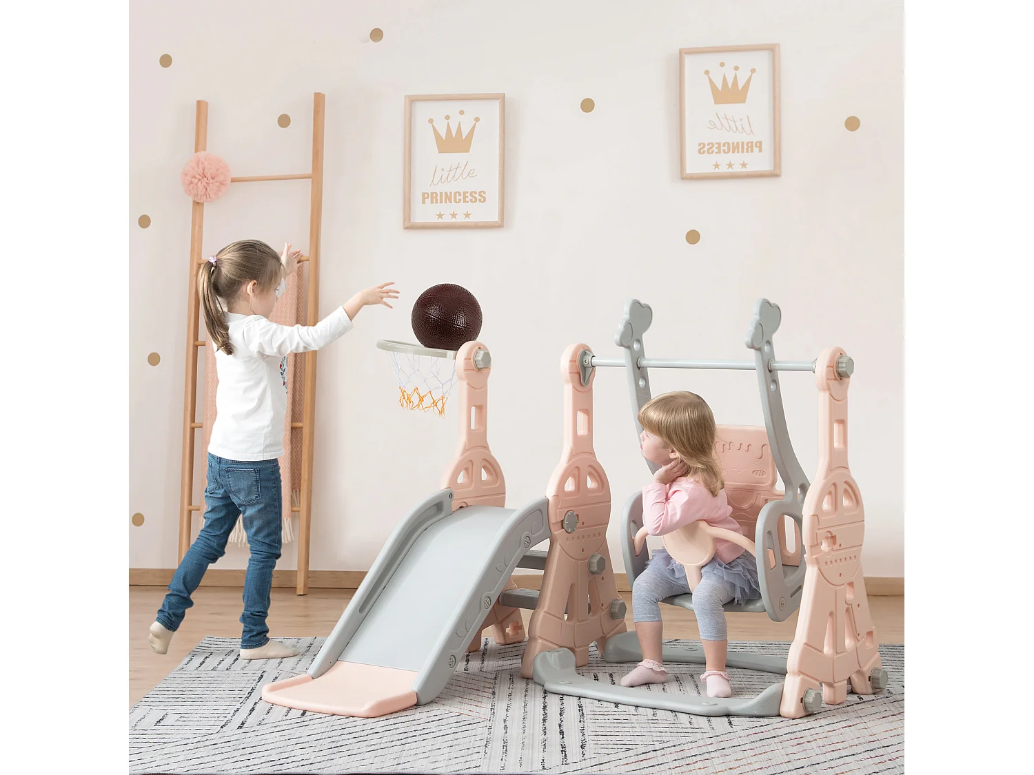 4-in-1 kinderglijbaan - 140 x 118 x 102 cm - HDPE - met schommel en basketbalstandaard - Roze