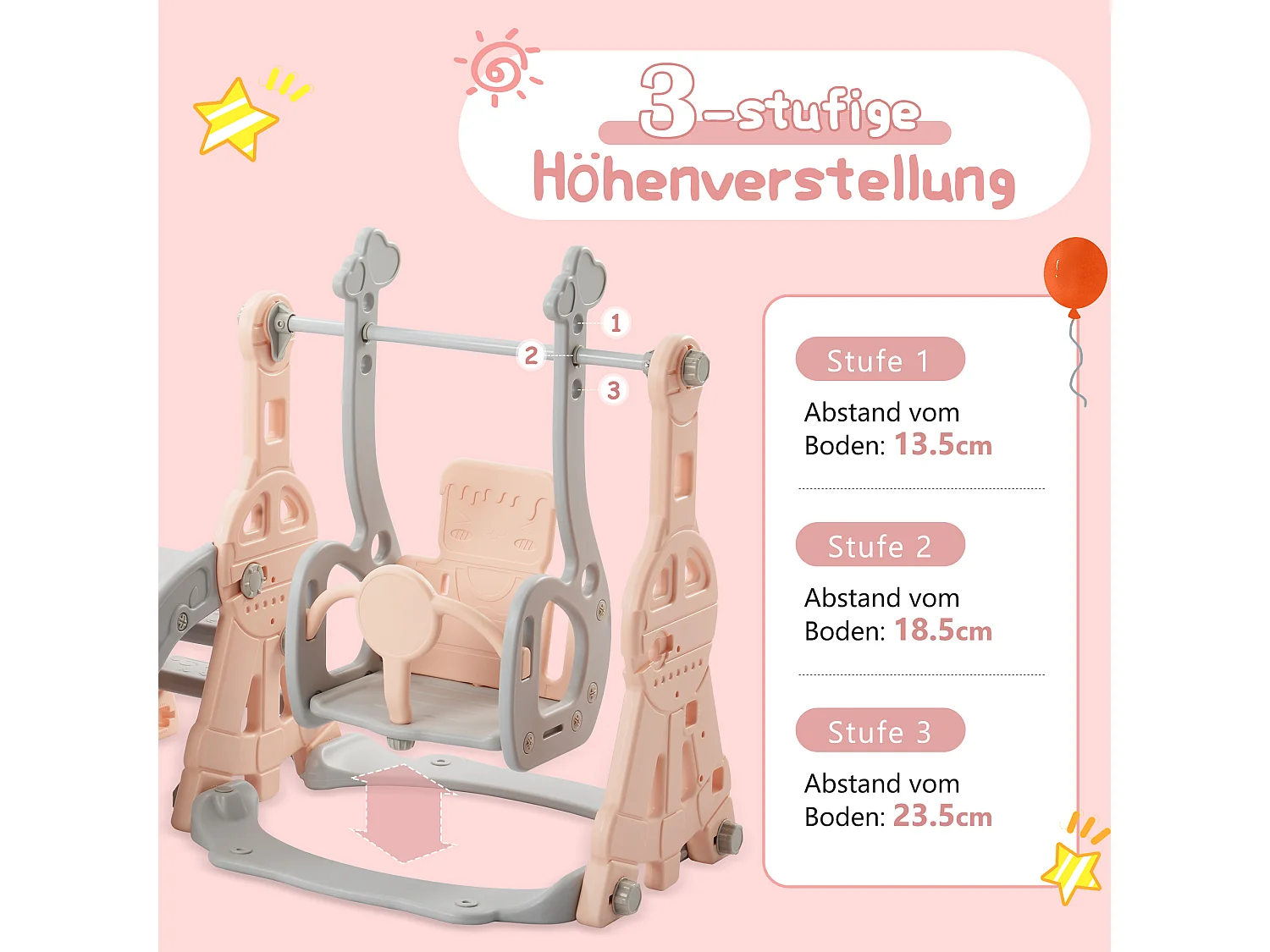4-in-1 kinderglijbaan - 140 x 118 x 102 cm - HDPE - met schommel en basketbalstandaard - Roze