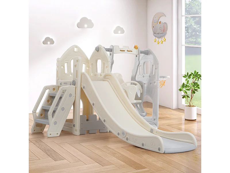 5-in-1 kinderglijbaanset - 179 x 184 x 103 cm - HDPE - met schommel en opbergruimte - Grijs