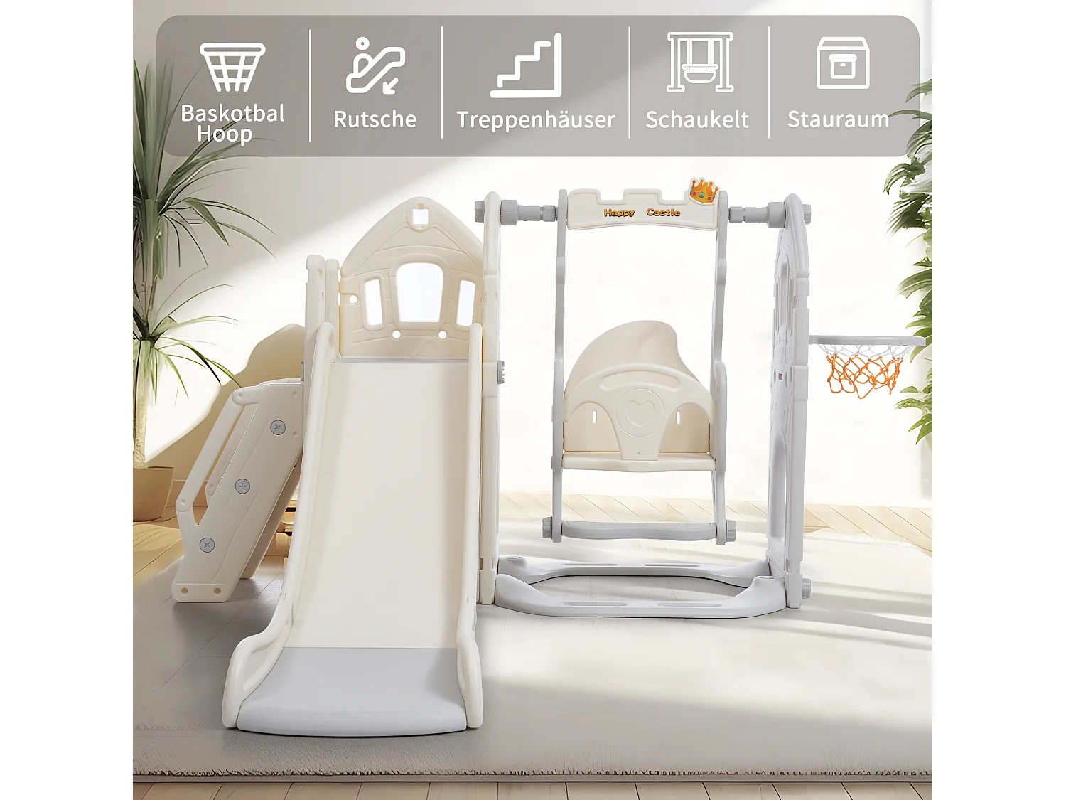 Tobogán infantil 5 en 1 - 179 x 184 x 103 cm -  HDPE - Con columpio y espacio de almacenamiento - Gris