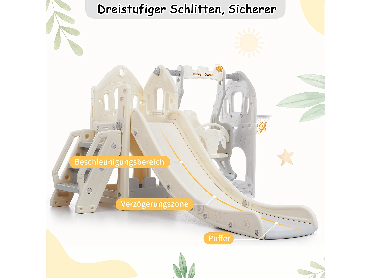 Tobogán infantil 5 en 1 - 179 x 184 x 103 cm -  HDPE - Con columpio y espacio de almacenamiento - Gris