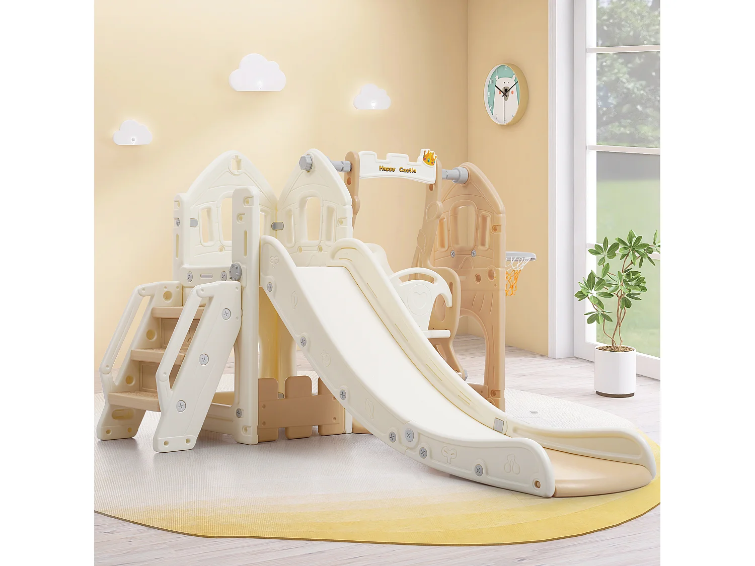 Zestaw zjeżdżalni dla dzieci 5 w 1 - 179 x 184 x 103 cm - HDPE - z huśtawką i miejscem do przechowywania - Biały