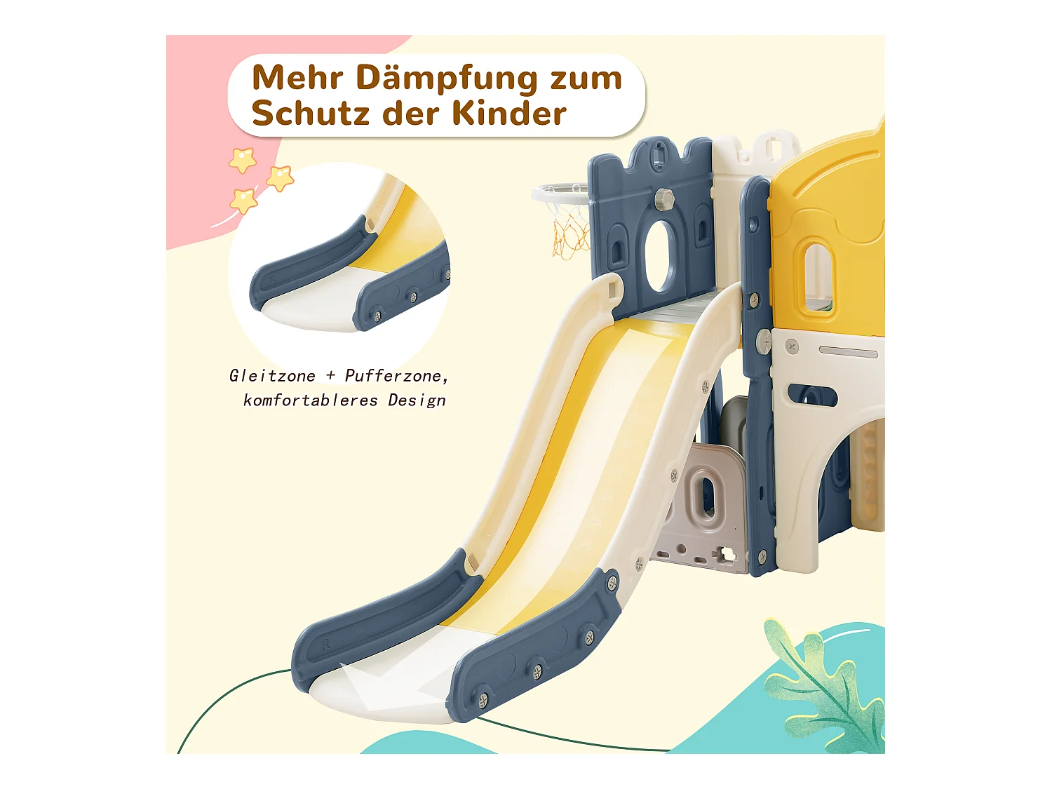 6 in 1 Kinderkasteelglijbaan - 190 x 151 x 106 cm - HDPF - met klimrek en basketbalring - Blauw