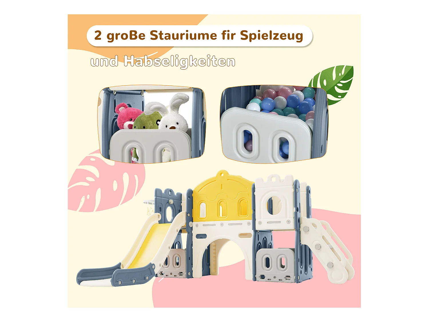 6 in 1 Kinderkasteelglijbaan - 190 x 151 x 106 cm - HDPF - met klimrek en basketbalring - Blauw