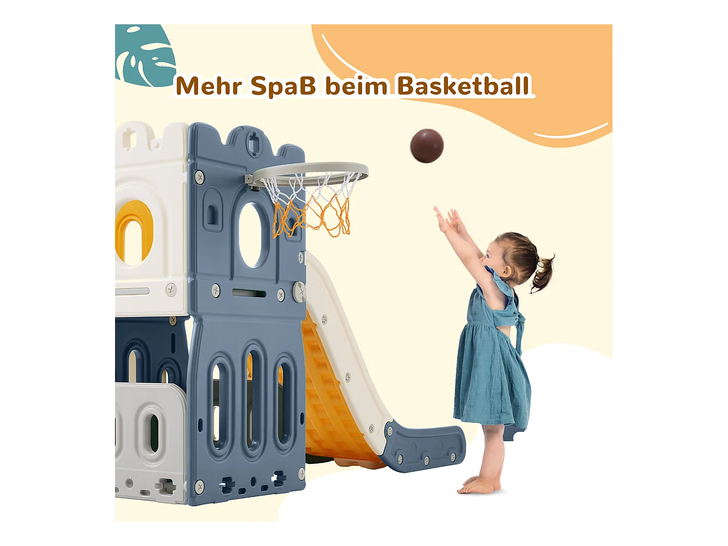 6 in 1 Kinderkasteelglijbaan - 190 x 151 x 106 cm - HDPF - met klimrek en basketbalring - Blauw