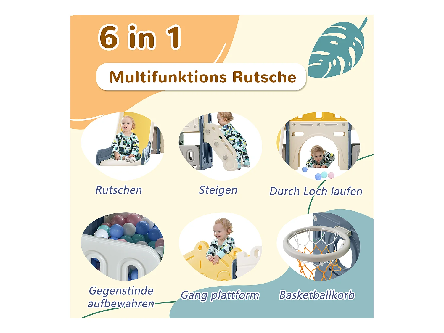 6 in 1 Kinderkasteelglijbaan - 190 x 151 x 106 cm - HDPF - met klimrek en basketbalring - Blauw