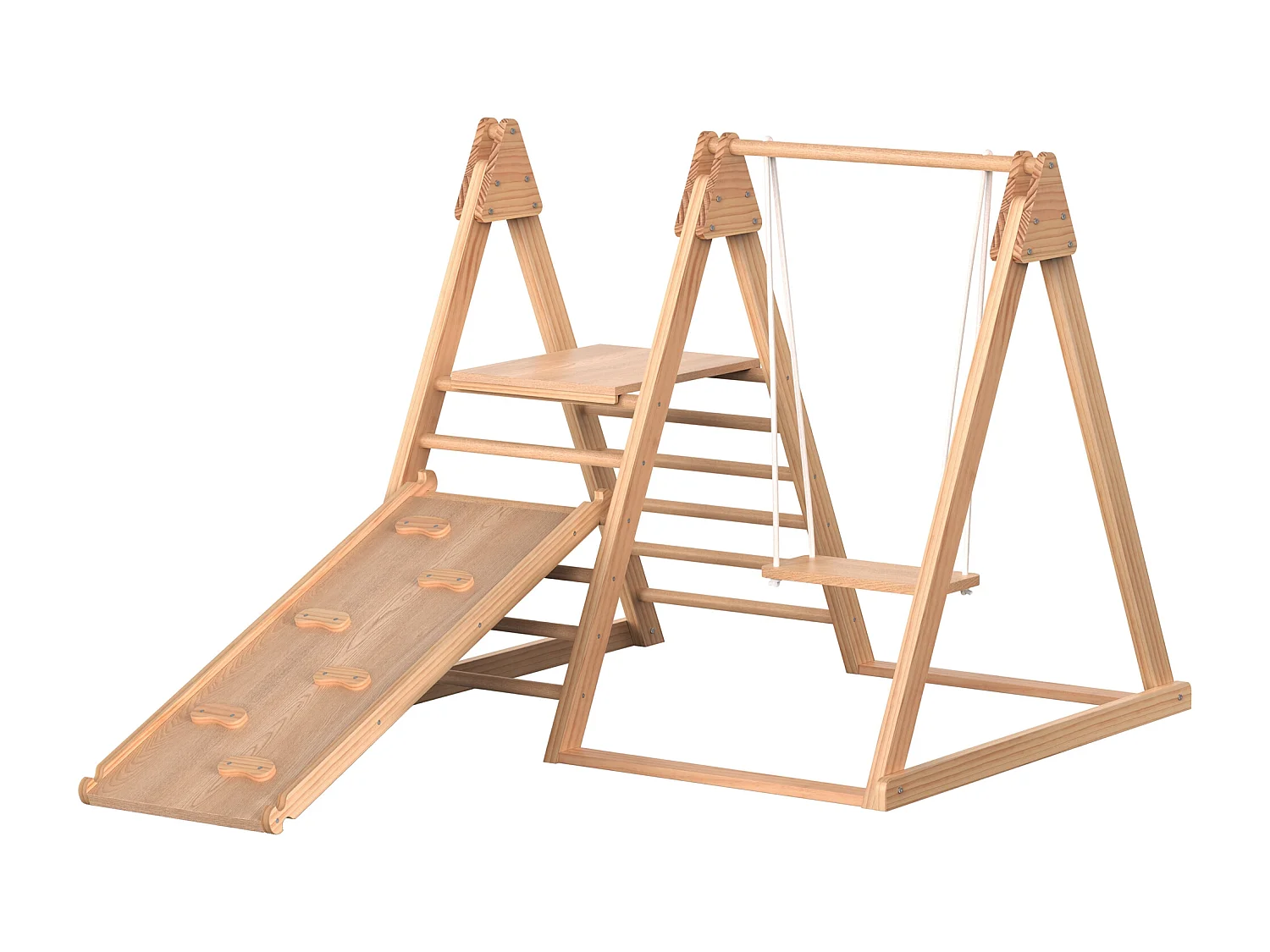 Toboggan et balançoire 3 en 1 pour enfants - 121 x 47 x 14 - en bois - avec structure d'escalade - nuturel